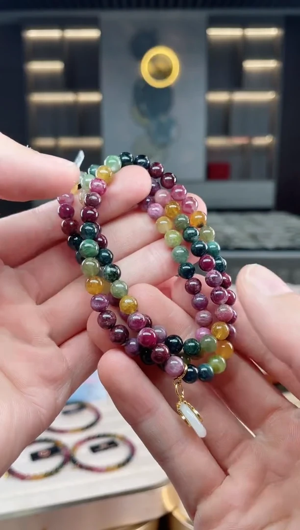 未镶嵌老矿碧玺彩虹三圈手串6mm+碧玺多样性发一条xion