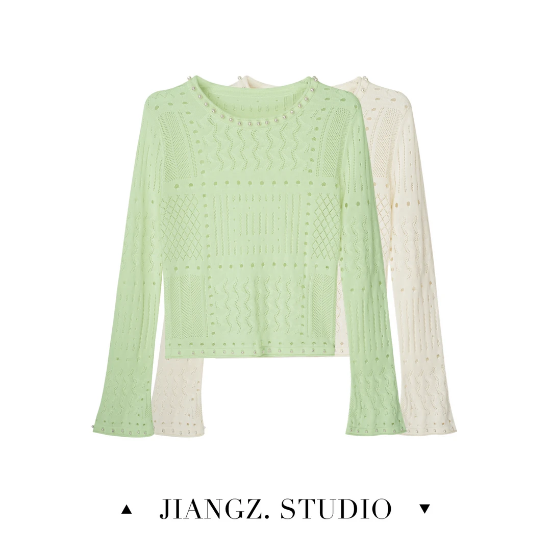 panii【蕾蔓】时尚轻奢镂空蕾丝提花手打珍珠微喇叭袖亲肤针织衫