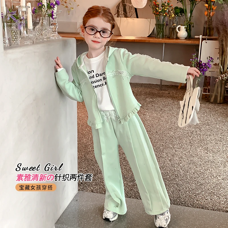 尤画2025春季绿薄荷“”甜美蕾丝花边时尚休闲女童套装两件套67007