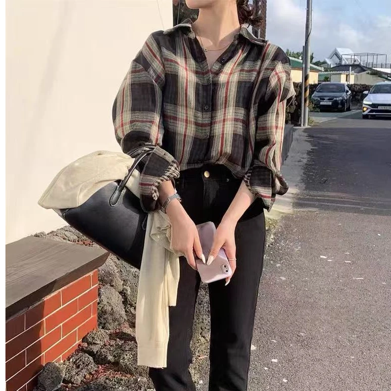 复古格子衬衫2025新款女早秋宽松慵懒风衬衣秋叠穿长袖上衣