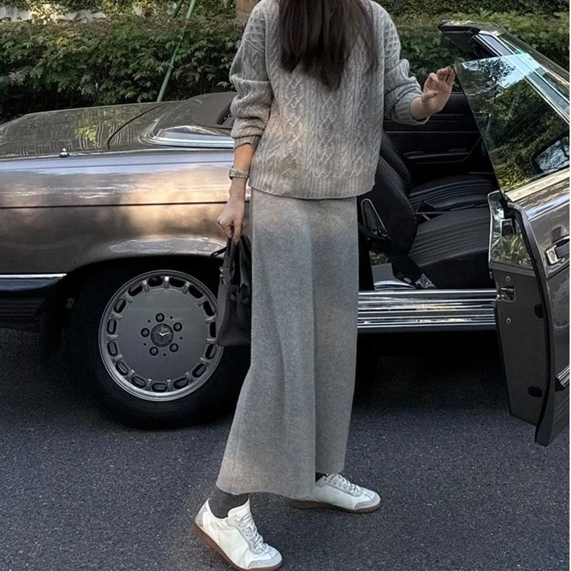 韩系搭配一整套冬装灰色套头毛衣a字半身裙高级感超好看两件套装