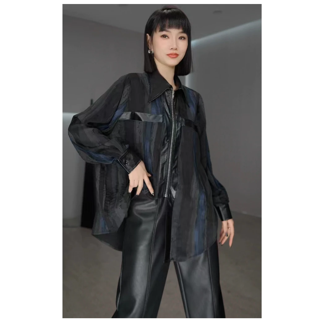 鑫鑫原创撞色拼接pu皮春季衬衣中长款拉链长袖衬衫2024新款女1879