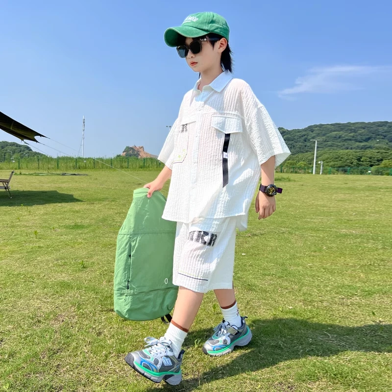 男童夏装套装2025新款大儿童夏季短袖薄款衬衫两件套男孩时髦痞帅