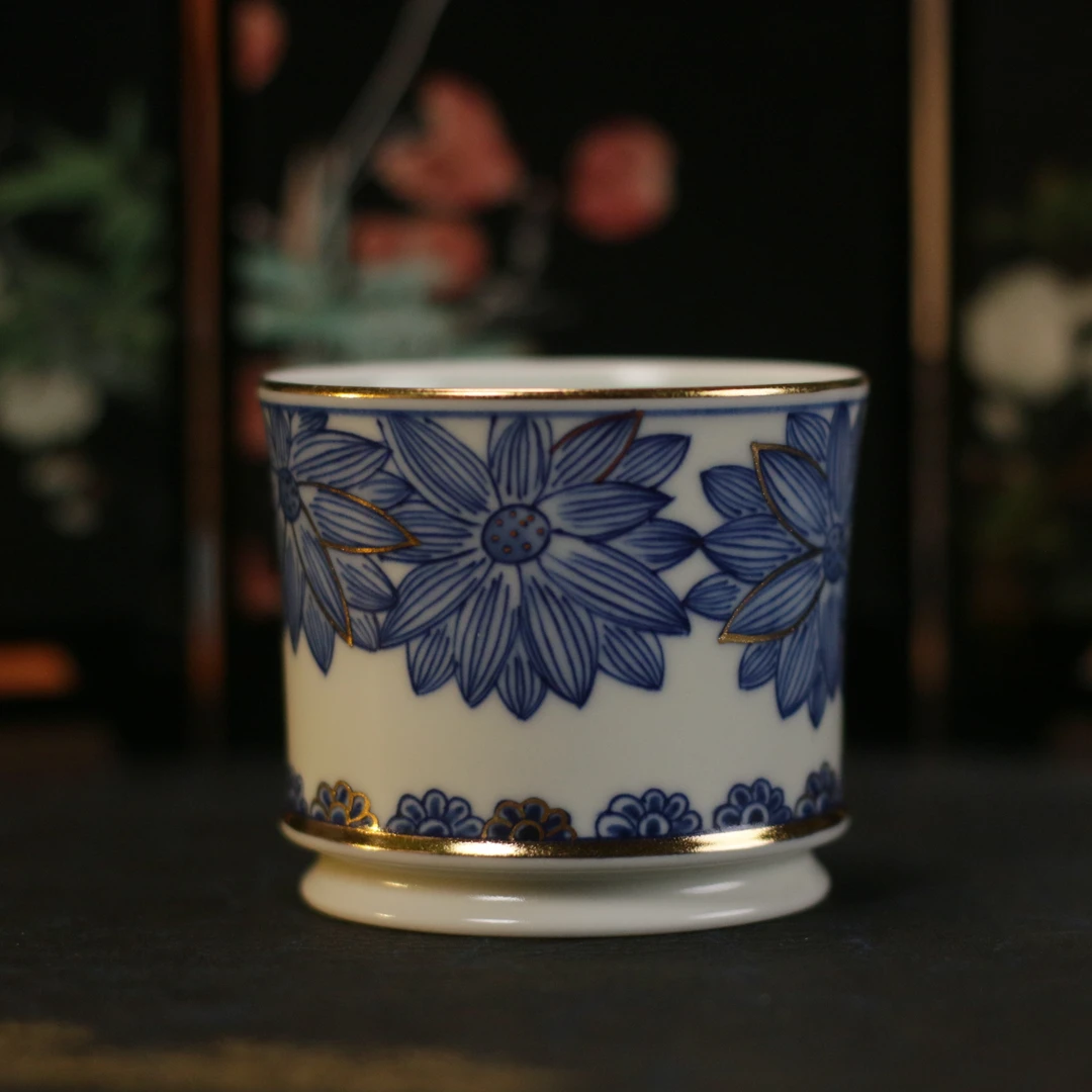 【雨溪山房】手工手绘陶瓷主人杯描金青花向日葵直筒杯茶杯