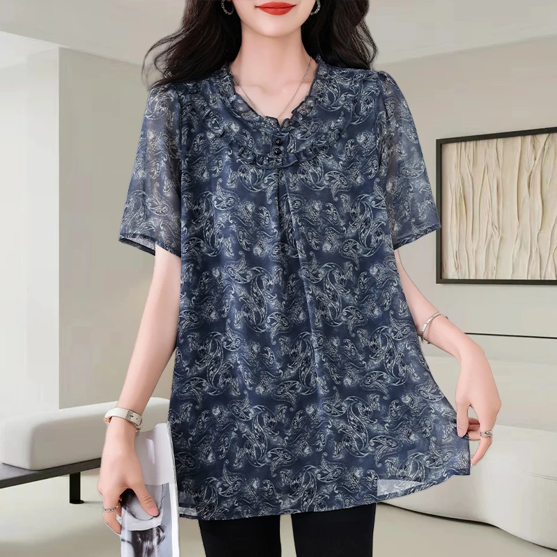 时尚印花短袖雪纺衫女夏季2025新款洋气减龄宽松显瘦别致小衫上衣