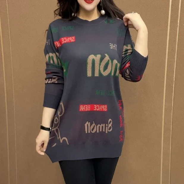 春秋潮流百搭高级妈妈中长款针织衫宽松休闲显瘦新款减龄圆领毛衣