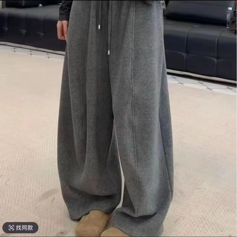 冬季新款韩版加绒加厚毛呢松紧腰抽绳弯刀裤长裤 2000#