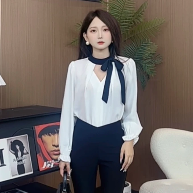 【缪丝序曲】2025小个子定制赫本风蝴蝶结v领单衬衫