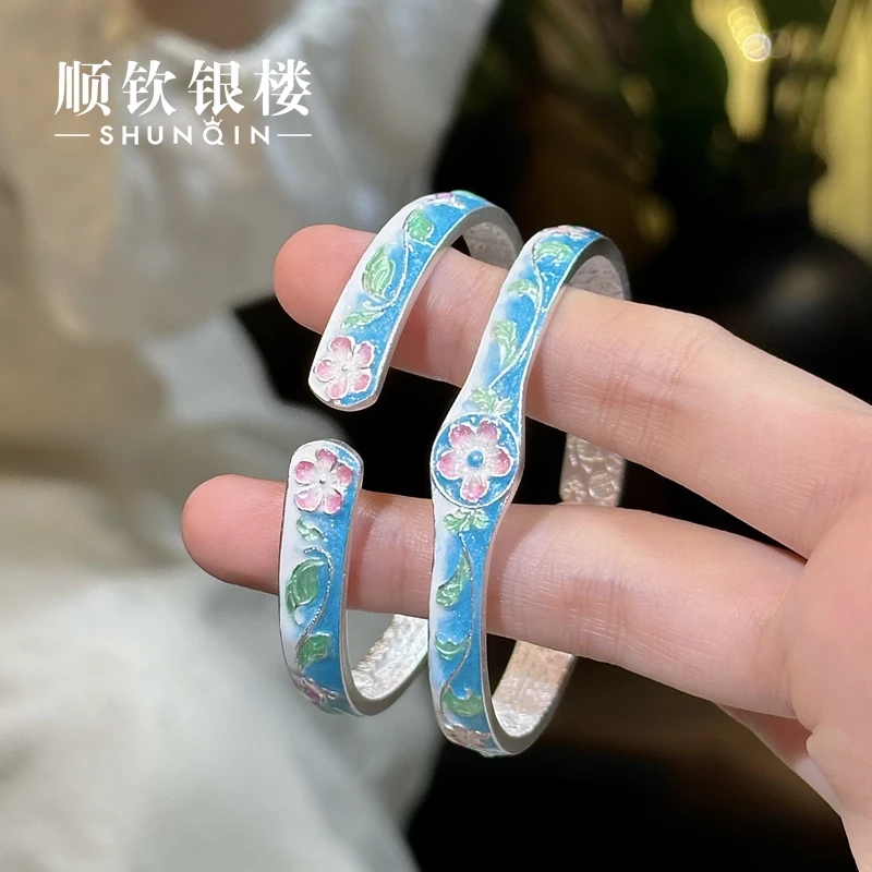 顺钦银楼 足银珐琅手镯 【槿薇手镯】足银999.9国风精致开口手镯
