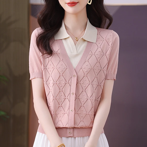 【天丝】洋气镂空假两件2025新款夏季薄款爆款短袖女宽松显瘦针织衫