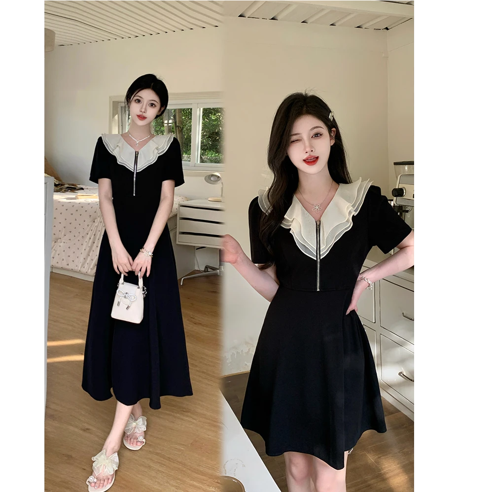 大码女装法式甜美初念系气质荷叶领收腰显瘦黑色连衣裙8522