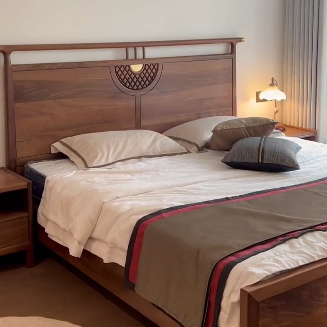 宋式美学新中式北美黑胡桃木双人床禅意家具现代简约全实木大婚床