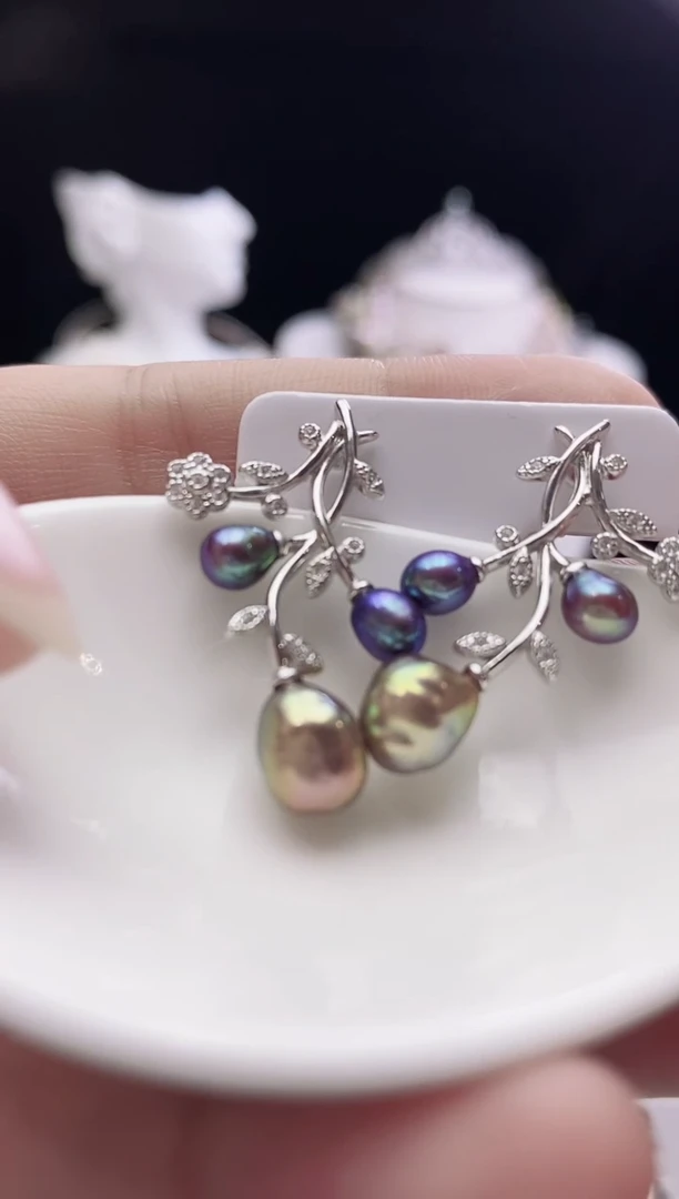 银S925镶嵌耳钉淡水珍珠淡水紫珠耳钉