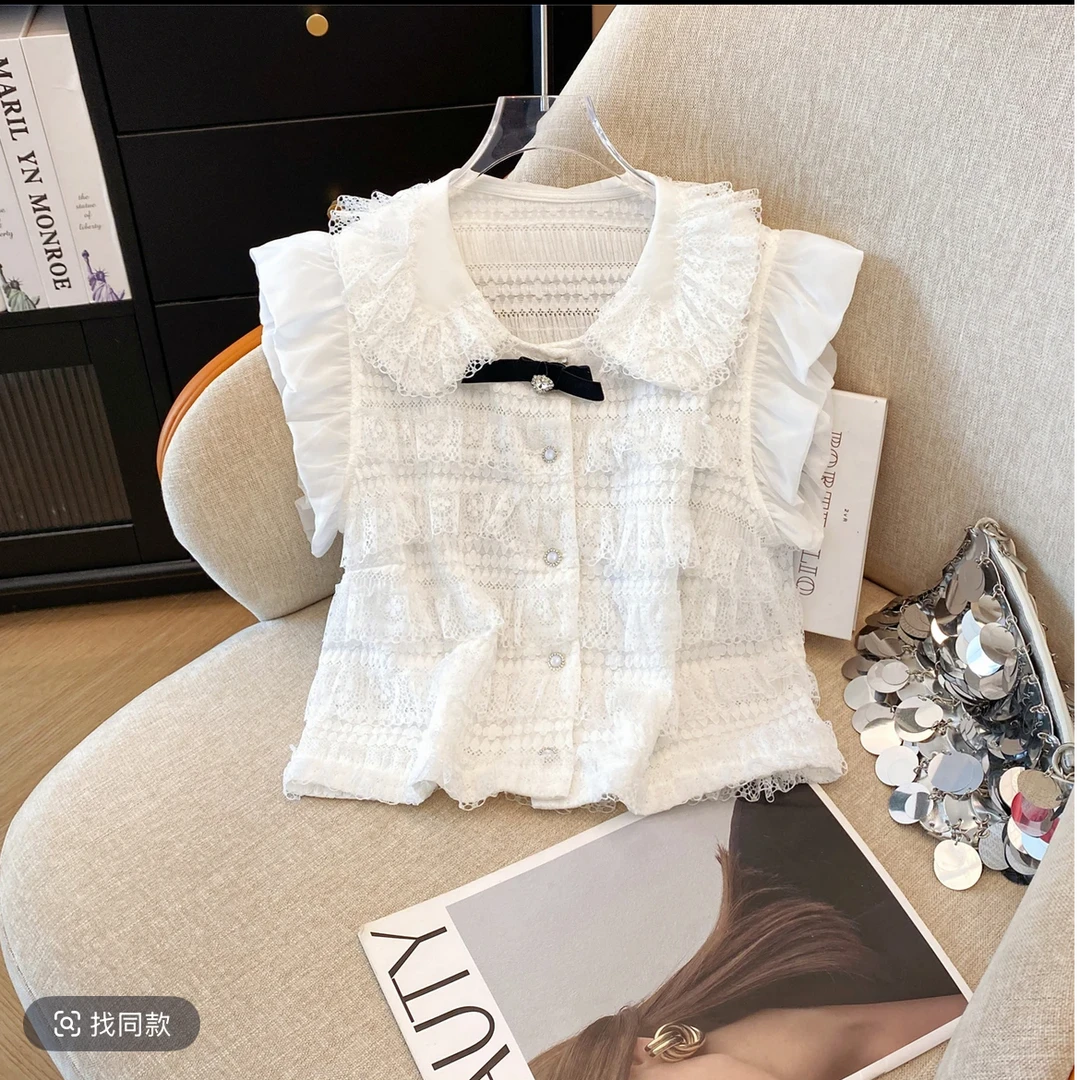 QL-1901夏季新款女领口蝴蝶结飞飞袖蕾丝千层小众小个子上衣