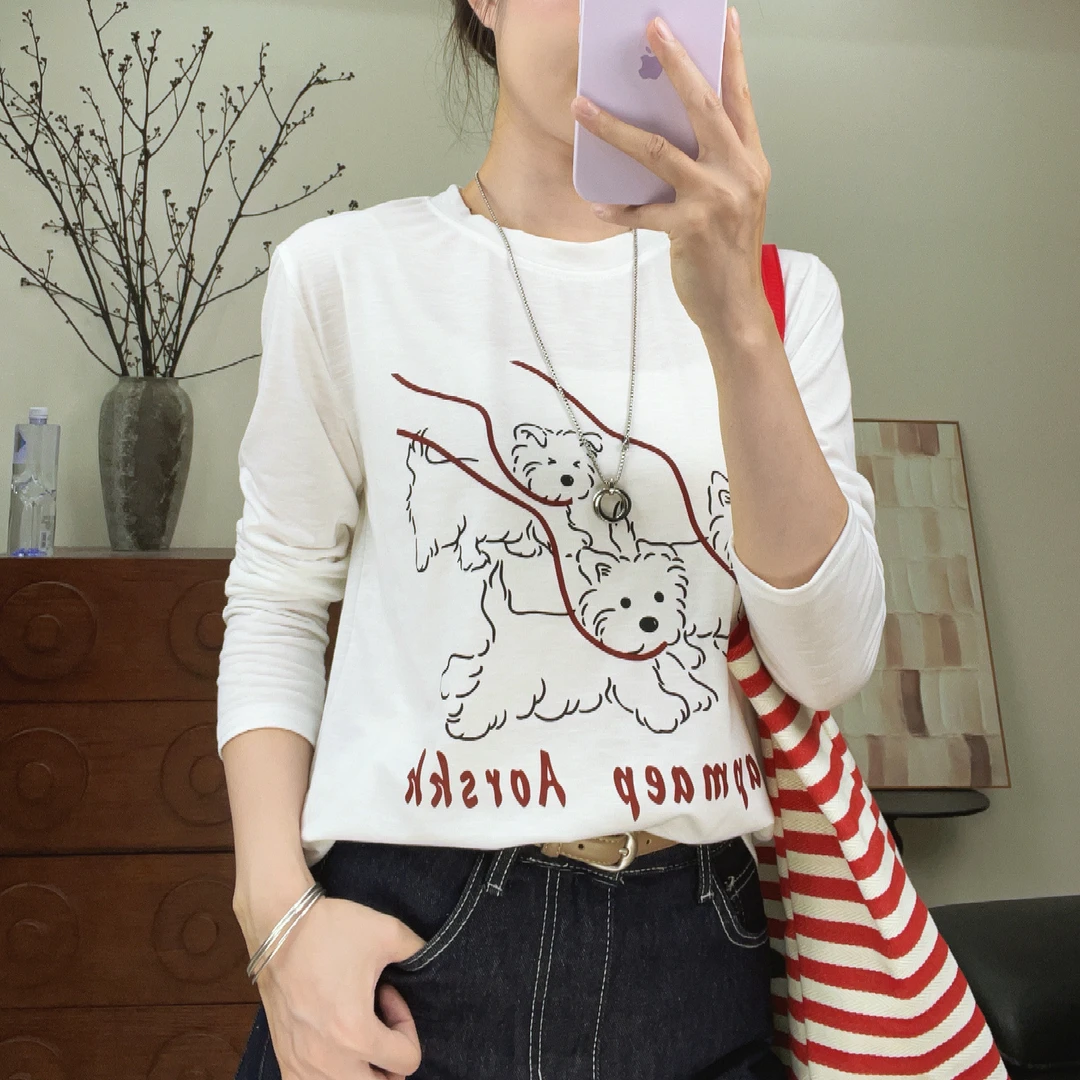 【6-8元运补】2025早秋新款长袖t恤上衣女白色外穿chic简约宽松百搭