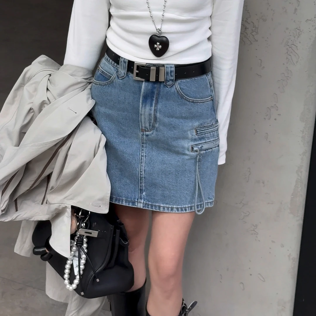 LYXZ 春季新款设计感显瘦两侧一字口袋牛仔短裙76469