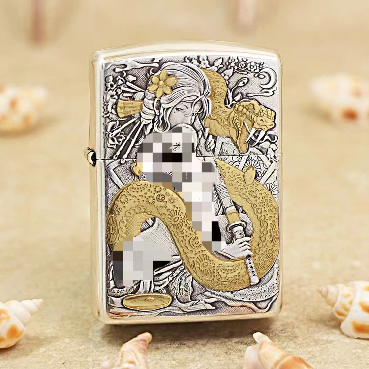 ZP正品防风打火机镀银鎏金蛇女刀女