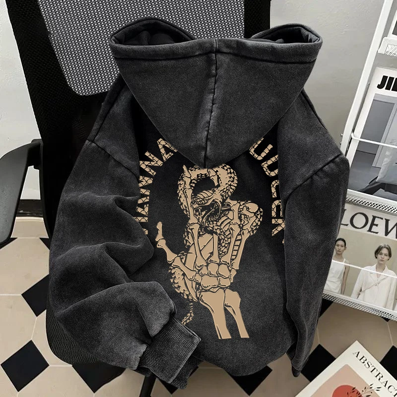 特大码300斤重磅水洗做旧连帽加绒设计感印花嘻哈欧美高街男上衣