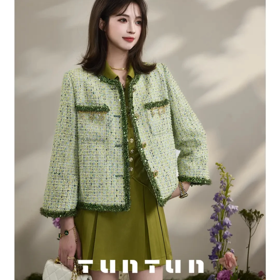 吞吐服饰【春日精灵】春季时尚粗花呢百搭气质法式小香短款外套