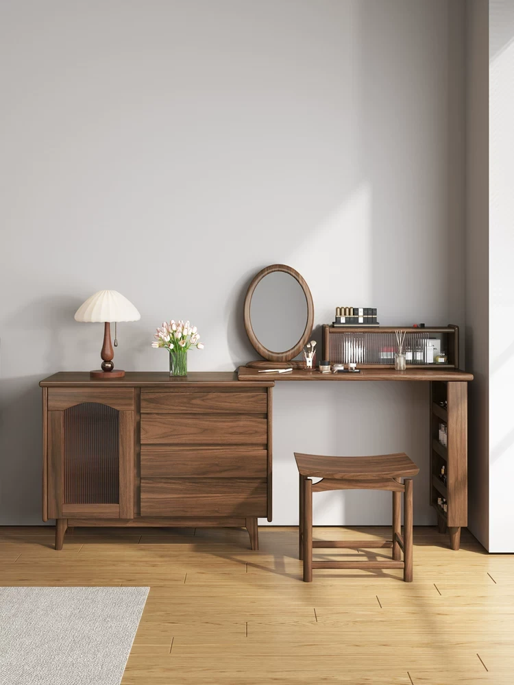 南美黑胡桃木实木梳妆台可伸缩卧室书房阳台新中式书桌椅组合一体