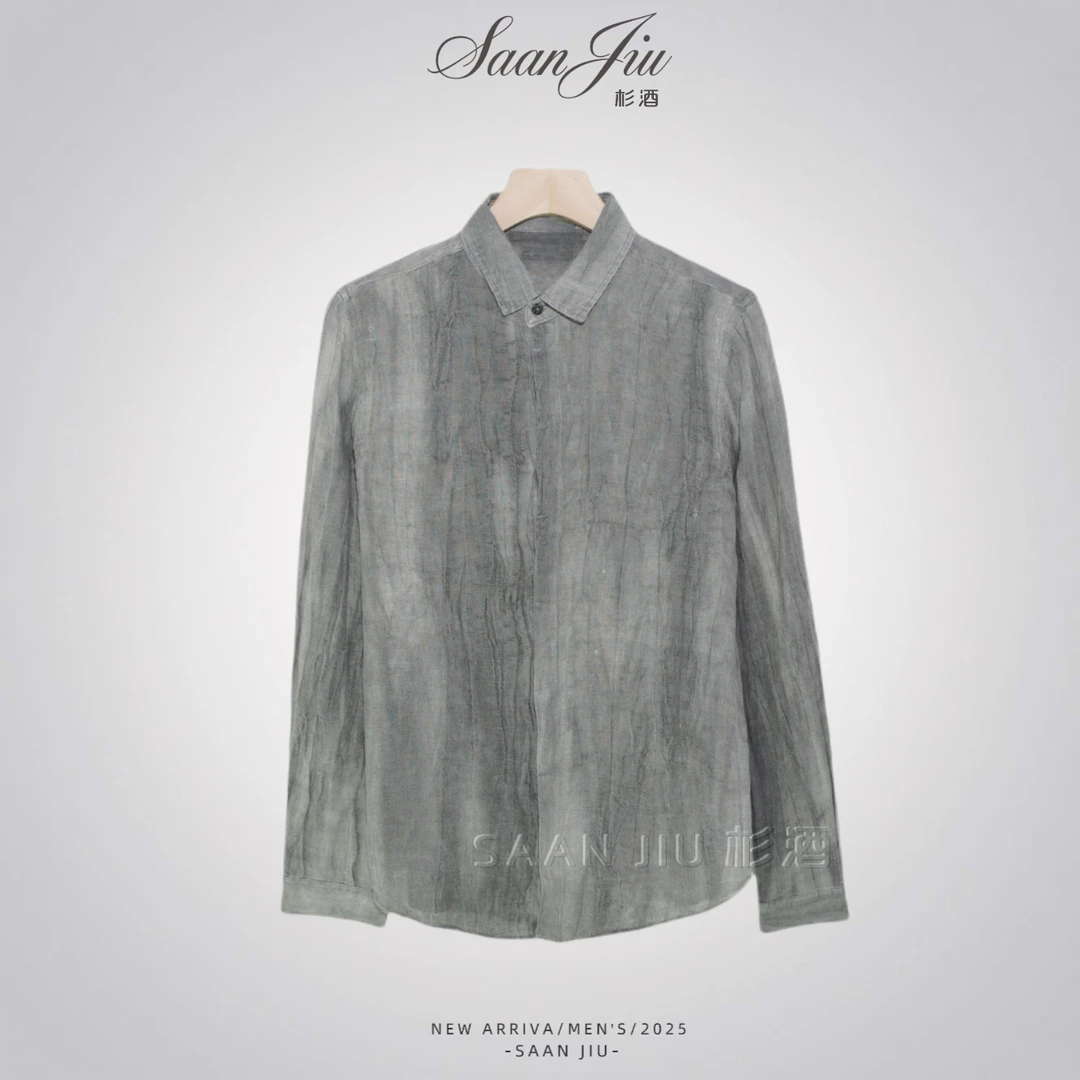 杉酒（100%亚麻扎染衬衫衬衣）设计感透气舒适轻薄男款衬衫