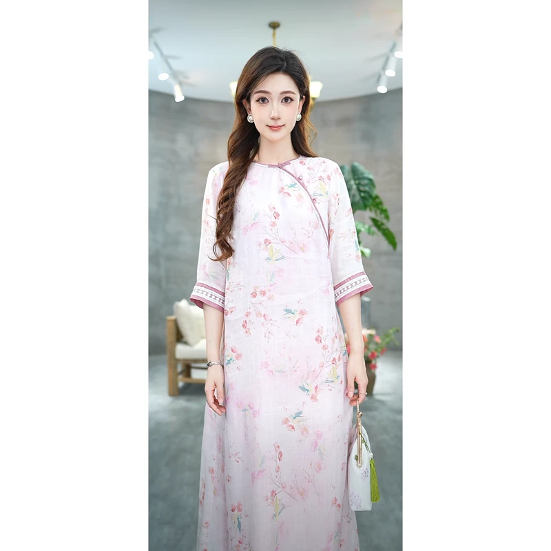 赠李白100支苎麻显瘦气质中国风旗袍中长款原创盘扣6931