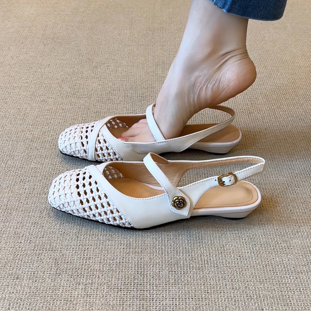 RubyL/2.5cm休闲通勤风编织包头镂空透气百搭舒适异形跟纯色凉鞋