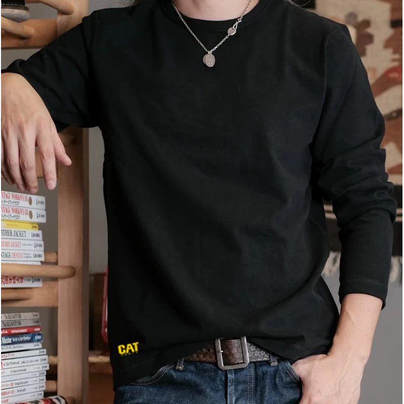 三本针 260克 正肩秋冬长袖圆领修身百搭齐肩纯色纯棉T恤男士直筒