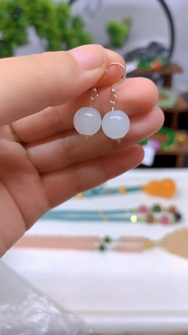 和田玉（白玉）14K金镶嵌耳饰E04