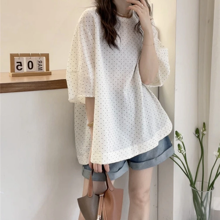 洋气圆领波点泡泡袖短袖衬衫女夏季新款宽松显瘦衬衣小众时尚上衣