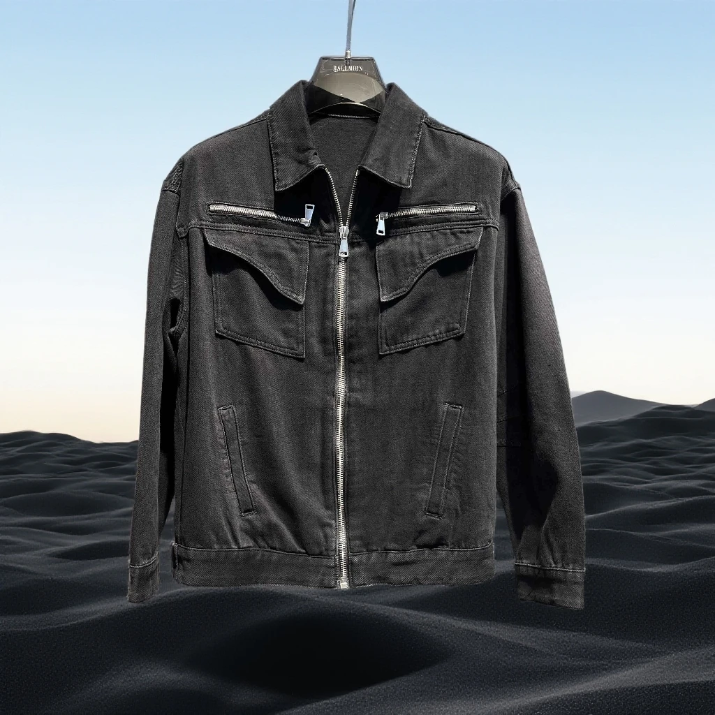 巴赛娜缇牛仔外套男秋季潮流时尚翻领夹克个性拉链设计感男装上衣