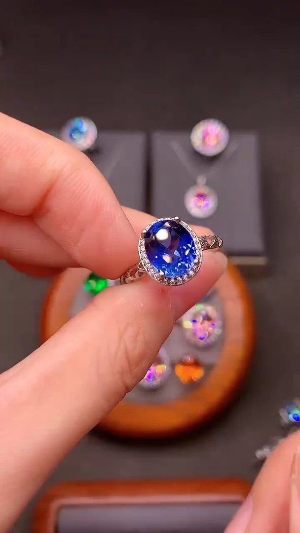 戒指蓝宝石银S925镶嵌矢车菊