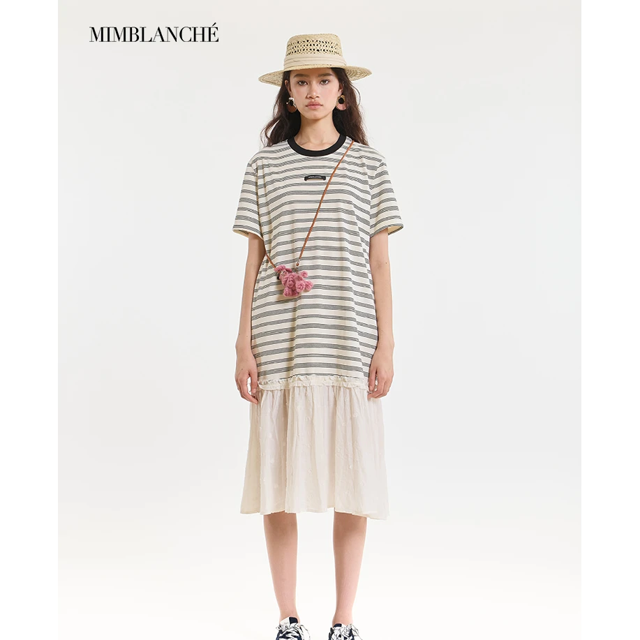 MIMBLANCHE条纹撞色圆领织标拼接宽松短袖连衣裙T恤