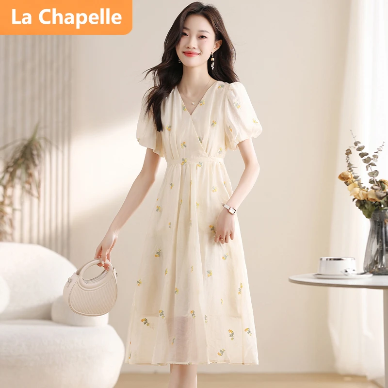 拉夏贝尔法式碎花连衣裙女2025新款夏季高腰泡泡袖刺绣显瘦裙子