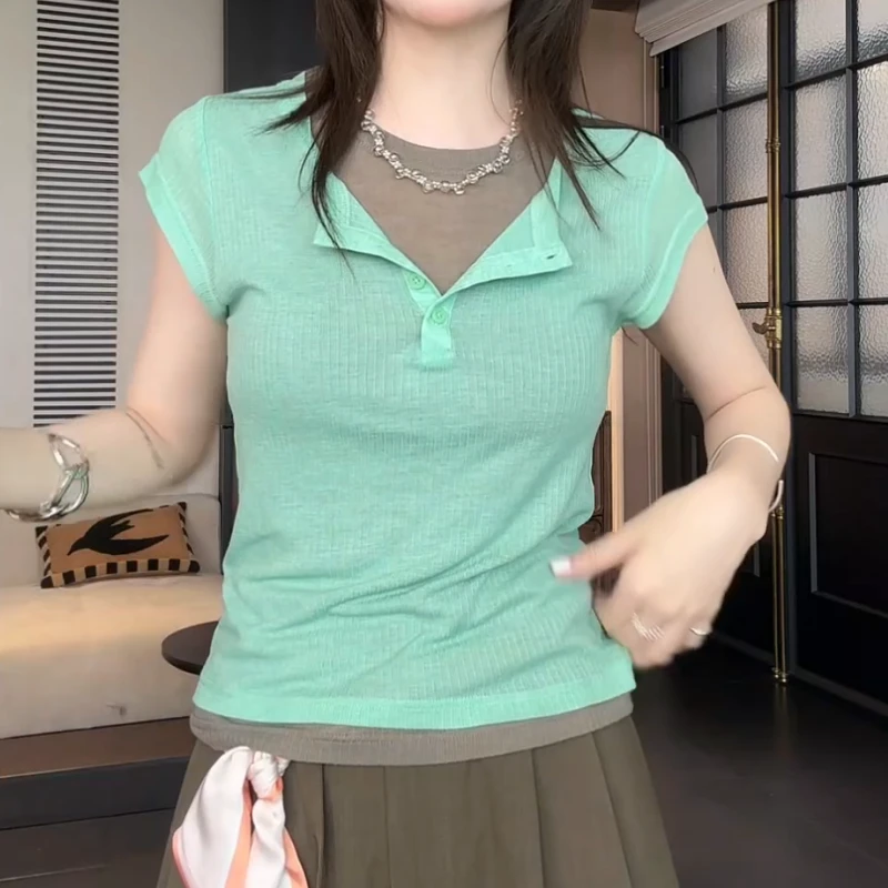 夏季新版时尚休闲显瘦慵懒舒适假两件撞色短袖T恤LK2503913