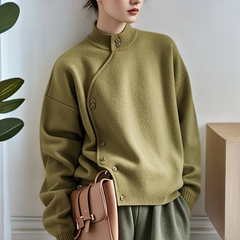 秋季新款新中式墨绿色半高领斜襟扣毛衣设计感高级国风针织开衫女