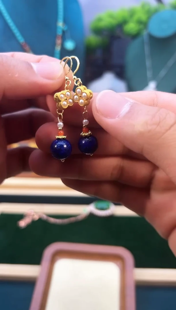 青金石14K金镶嵌耳饰E409