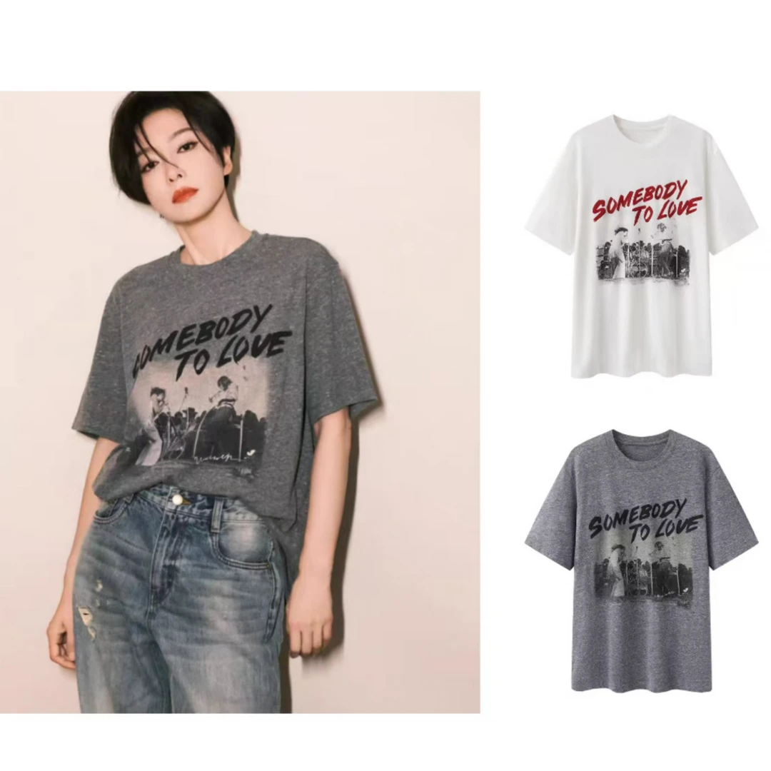 351【秦岚同款】M家短袖T恤女2025春夏新品做旧摇滚印花宽松