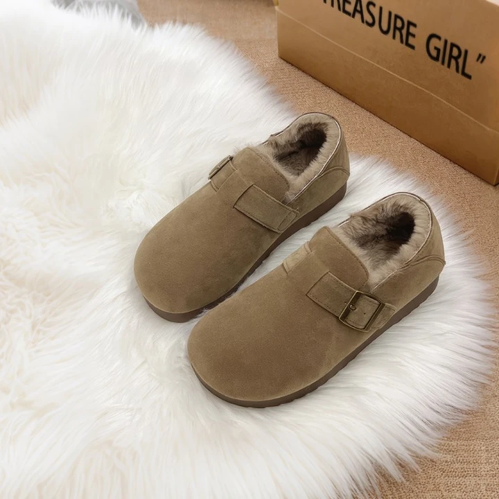 加绒全包勃肯鞋女冬款2025新款一脚蹬复古毛毛棉鞋加厚保暖雪地靴