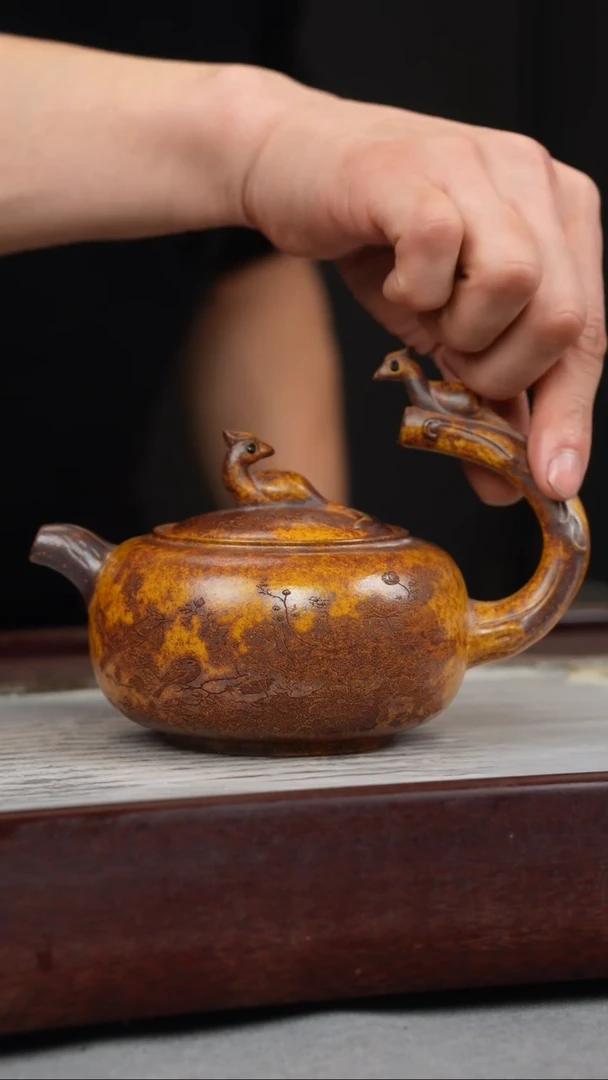 【闪购商品】紫砂茶壶龙骨金砂 双喜望月 刻绘