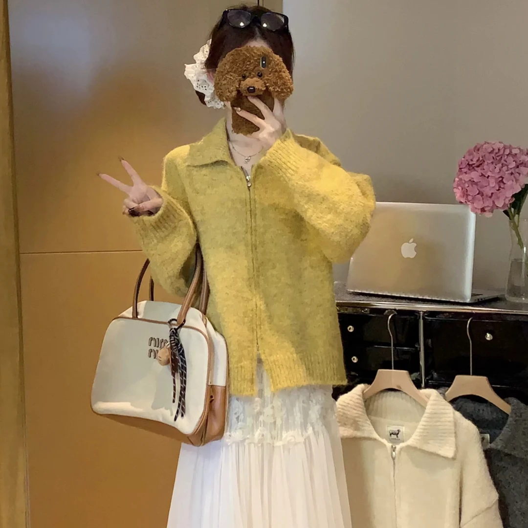 韩版温柔风开衫外套百搭网红宽松慵懒风毛衣女翻领气质针织衫时尚