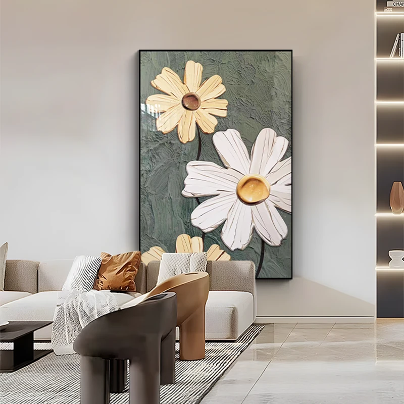 现代简约晶瓷花卉装饰画北欧风客厅背景墙落地画餐厅三朵花80120