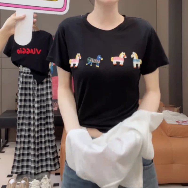 2025夏季新款圆领刺绣短袖T恤休闲上衣LK2504535