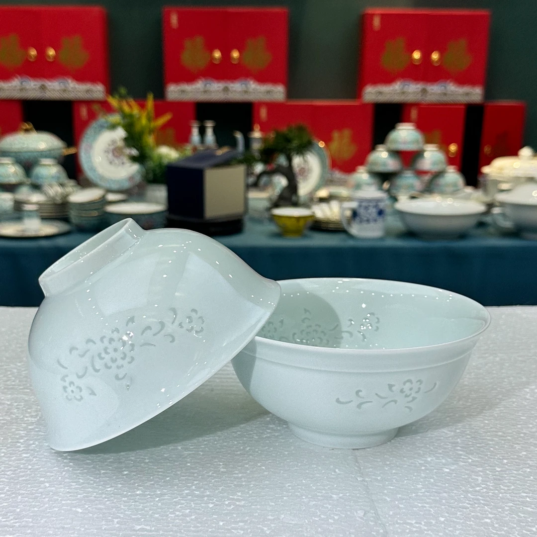 景德镇餐具【微瑕尾货】影青玲珑牡丹花6英寸面碗