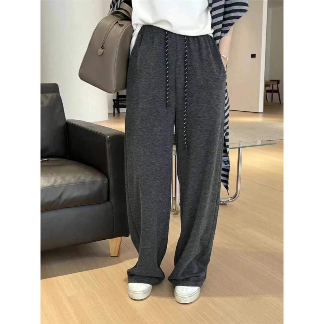 2024秋季女装条纹抽绳松紧腰软糯韩版高级感休闲阔腿卫裤男女同款