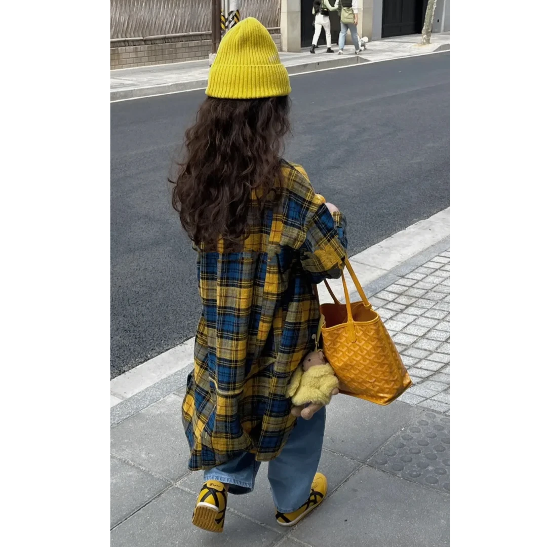 LZ7定制 | 日系DD童装儿童前短后长黄蓝格子衬衫群长款衬衣4580