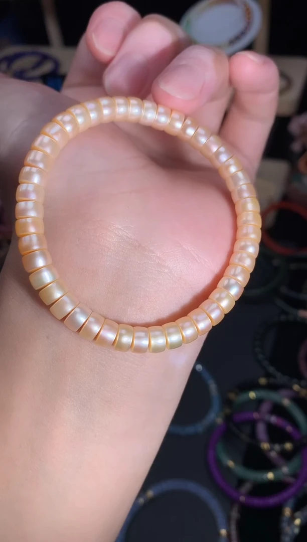 淡水珍珠手串未镶嵌香槟色珍珠直切药片手串6.4mm