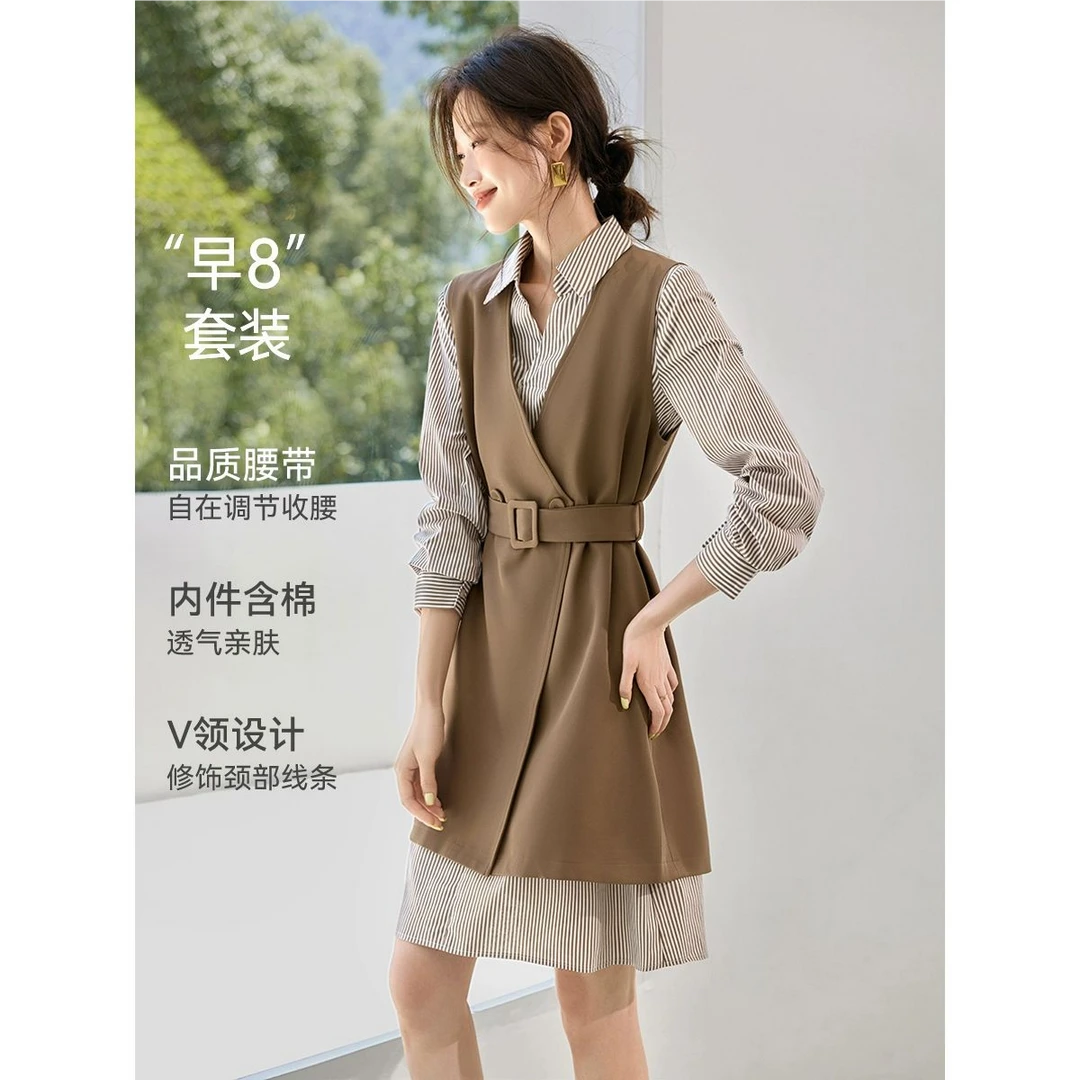 简约质感裙套2025秋季新款气质马夹条纹衬衫裙百搭女套装