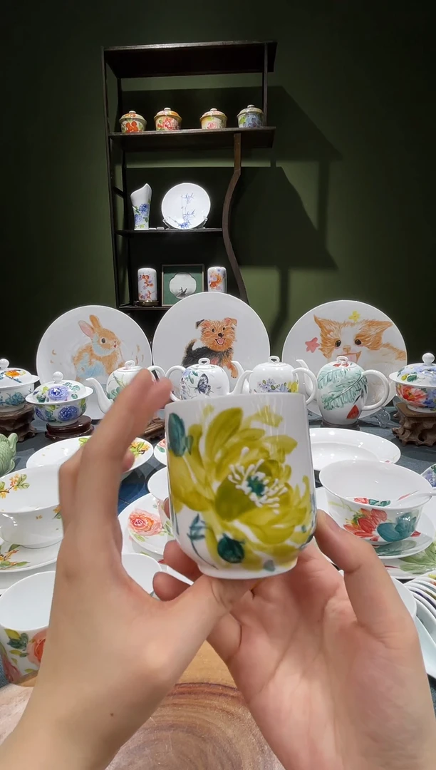 杯子景德镇高温釉下彩上海一同盅170CC绿牡丹