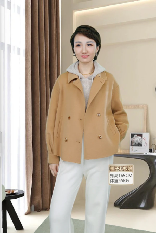【橙子老板娘】小翻领时尚休闲简约毛呢秋冬女士双面呢大衣HG23022